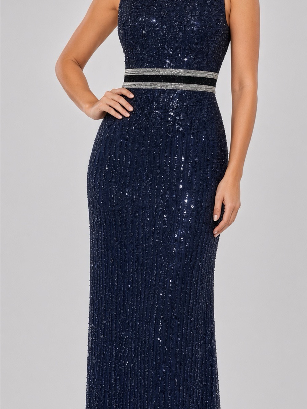 Mac Duggal Navy Sequin Formal Dress with Silver Sequin Waist size 16 NWT